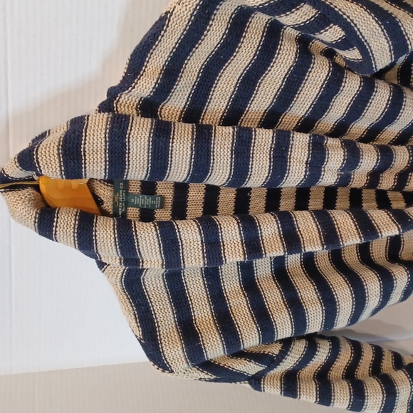 Lauren Ralph Lauren LRL Linen Cotton Blend Cardigan Belted Blue Striped Sweater - Picture 6 of 13